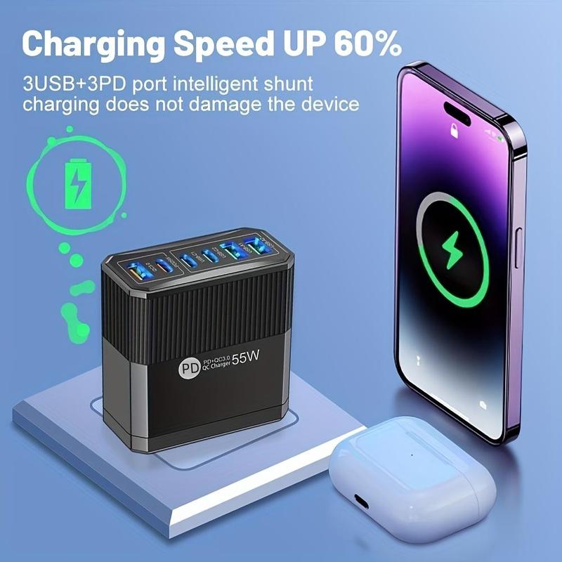 55W PD+QC3.0 3 USB-C Ports & 3 USB Ports Charger, Multifunctional Fast Charging Charger Adapter, Portable Charger for Phone & Tablet