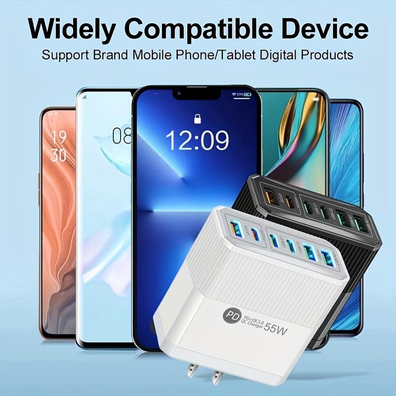 55W PD+QC3.0 3 USB-C Ports & 3 USB Ports Charger, Multifunctional Fast Charging Charger Adapter, Portable Charger for Phone & Tablet