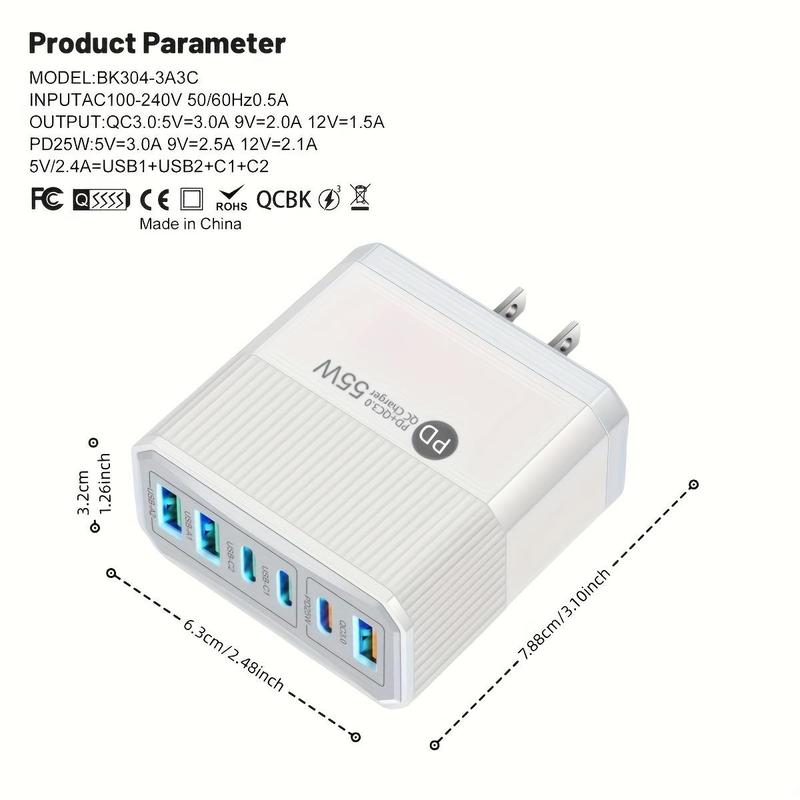 55W PD+QC3.0 3 USB-C Ports & 3 USB Ports Charger, Multifunctional Fast Charging Charger Adapter, Portable Charger for Phone & Tablet