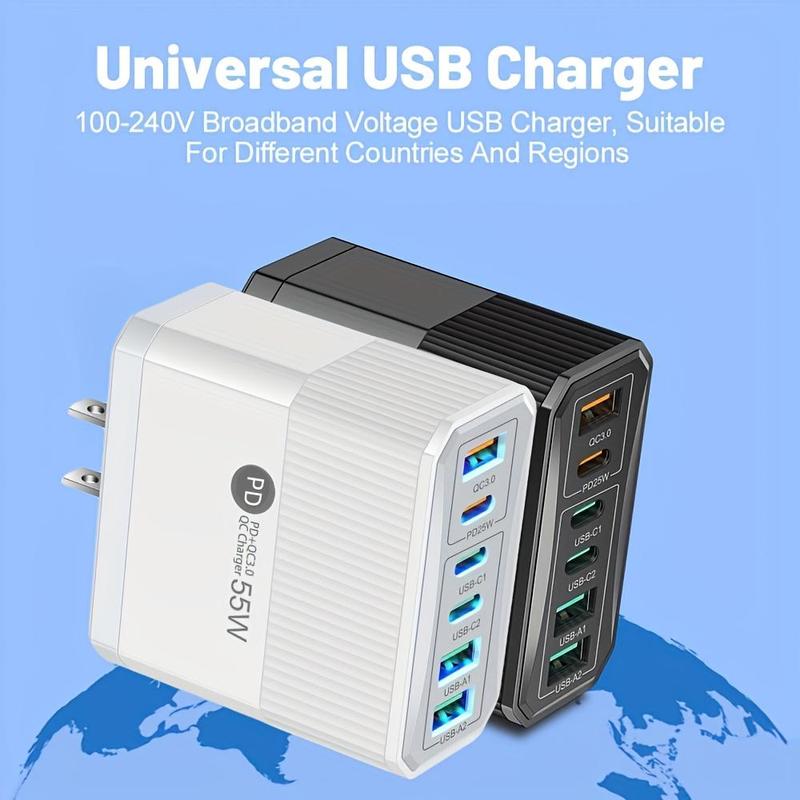 55W PD+QC3.0 3 USB-C Ports & 3 USB Ports Charger, Multifunctional Fast Charging Charger Adapter, Portable Charger for Phone & Tablet