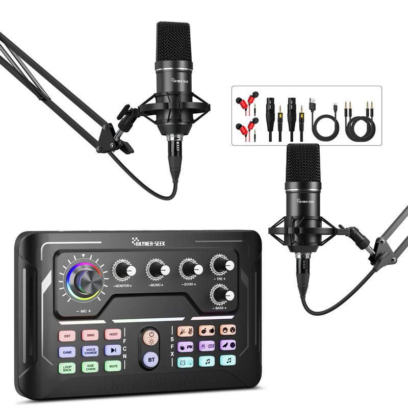 Hayner-Seek Podcast Equipment Bundle, Audio Interface with DJ Mixer and Condenser Microphone for PC Laptop Phone, Streaming Recording Podcasting