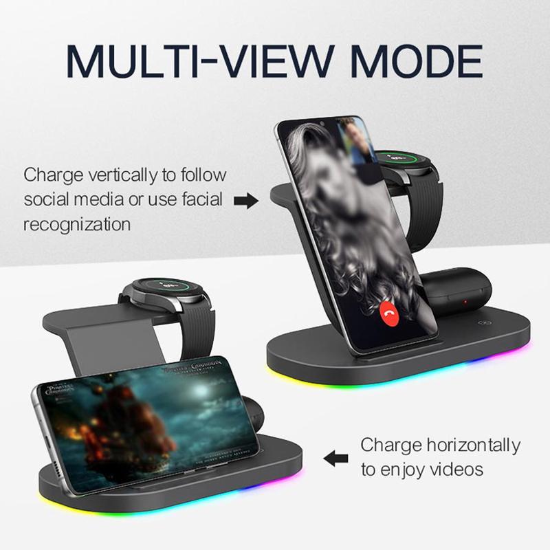 3-in-1 Wireless Charger Stand, 15W Fast Charging Charger with RGB LED Lamp, Foldable Desktop Charger for Samsung Galaxy Watch Buds Headphone