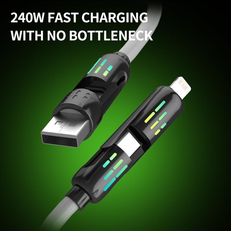 4-in-1 USB Charging Cable,fastcharging cable MAX 240W USB A+TYPE C+Lightning Multi national aluminum alloy cable management 240W suitable for iPhone 15 14,Android Phones&Tablets iPad Pro Smartphone Cellphone Mobile USB-C multifunction Silicone Charger