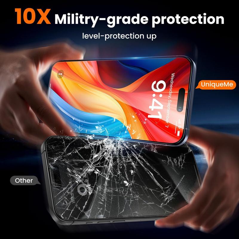 UniqueMe for iPhone16 15 14 13 12 Series Clear Privacy Screen Protector - [Military Grade Shatterproof & 9H+ Hardness]  Full Coverage Protection, Easy Installation, 2 Packs