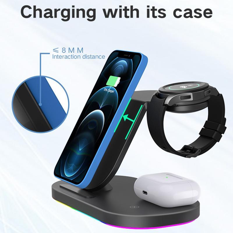 3-in-1 Wireless Charger Stand, 15W Fast Charging Charger with RGB LED Lamp, Foldable Desktop Charger for Samsung Galaxy Watch Buds Headphone