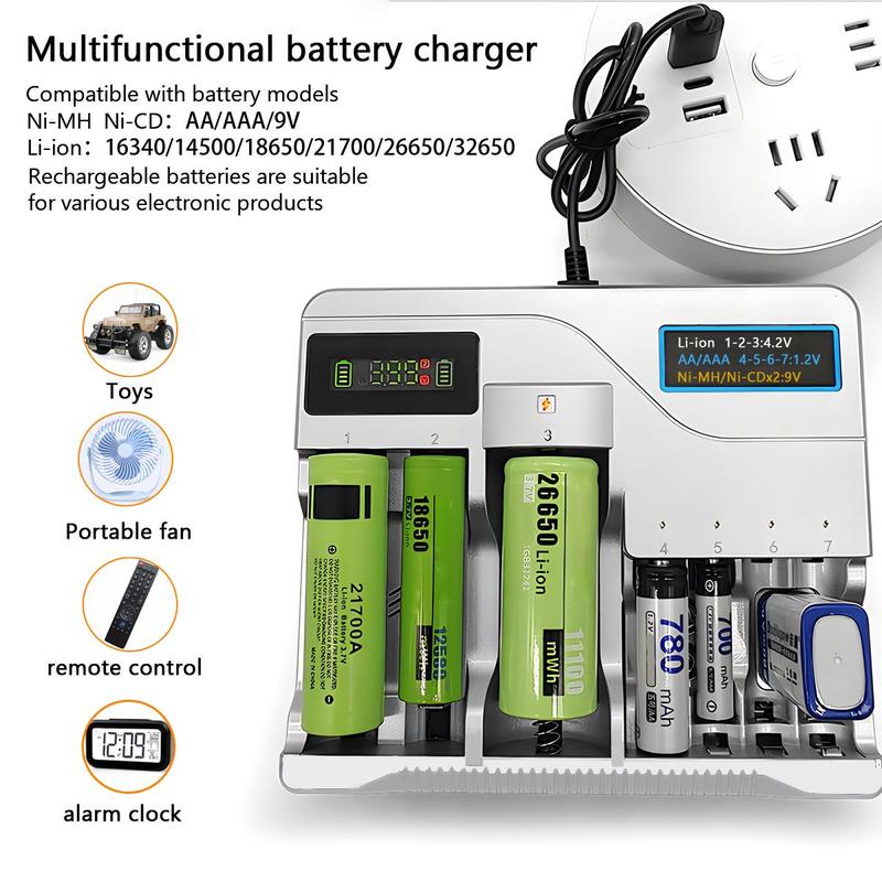 Multifunctional Battery Charger, LCD Display Smart Charger with USB Port, Charger for Ni-MH Ni-CD Battery 1.2V AA AAA, Li-ion Battery 4.2V (Without Battery)