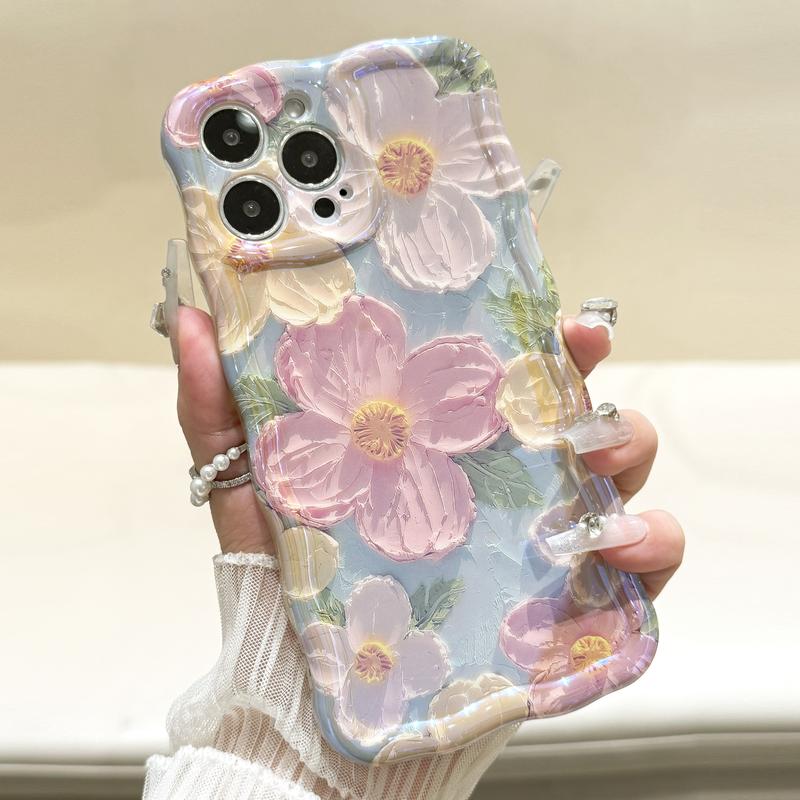 Colorful Retro Oil Painting case with Flower Pattern Cute Curly Wave Frame Phone Case for iPhone 16 Series Plus 11 12 13 14 15 Pro Max Protection