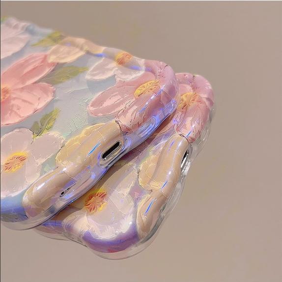 Colorful Retro Oil Painting case with Flower Pattern Cute Curly Wave Frame Phone Case for iPhone 16 Series Plus 11 12 13 14 15 Pro Max Protection