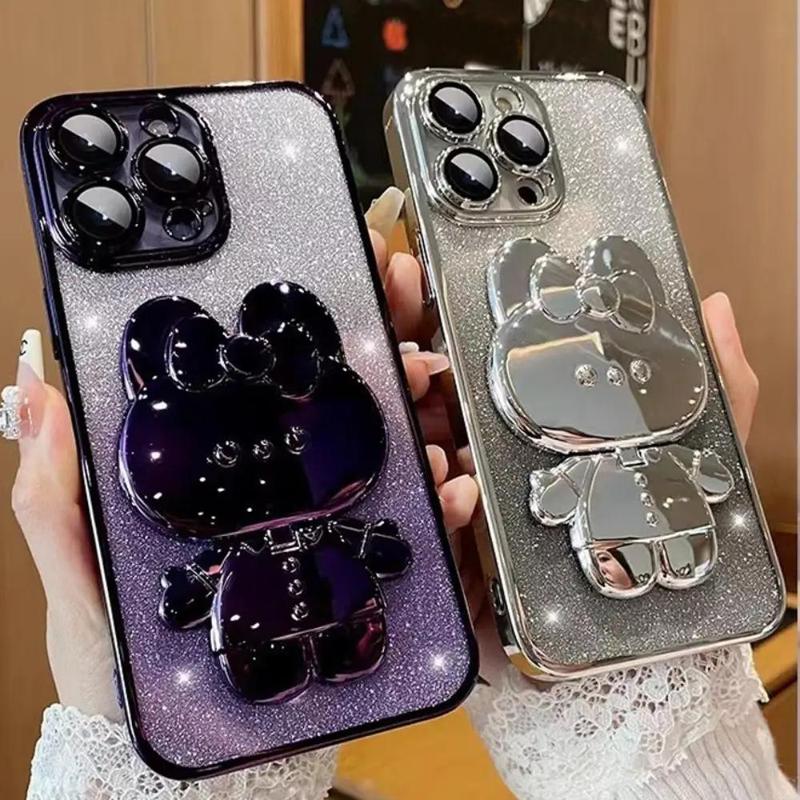 Glitter Phone Case with Mirror Stand Phone Holder, Decorative Phone Protector Cover with Camera Lens Protector, Phone Accessories Compatible with iPhone 15 Pro Max 14 Puls 13 12 11 Pro Max