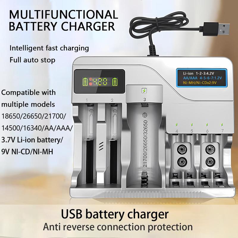 Multifunctional Battery Charger, LCD Display Smart Charger with USB Port, Charger for Ni-MH Ni-CD Battery 1.2V AA AAA, Li-ion Battery 4.2V (Without Battery)