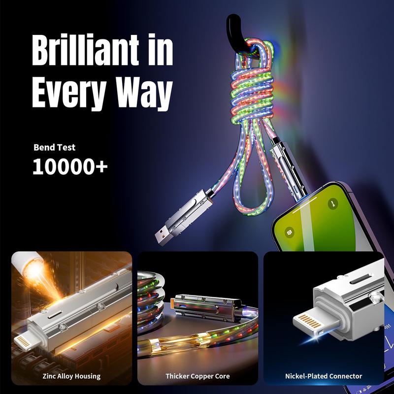 4 IN 1 Phone Charging Cable,Travel USB-C LED Light Cable for Multi-Functional Devices , Colorful data transfer Cable for Cellphone charger cord