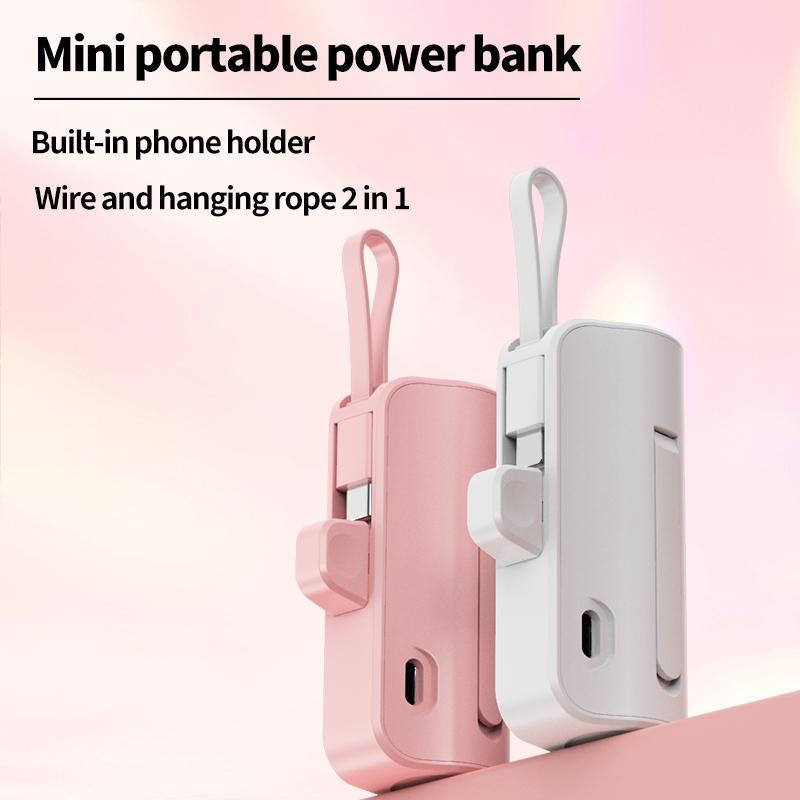 Portable 5000mAh Power Bank, Mini Emergency Backup Mobile Power Bank with Built-in Cable, Lightweight Mobile Charger for iPhone & Android