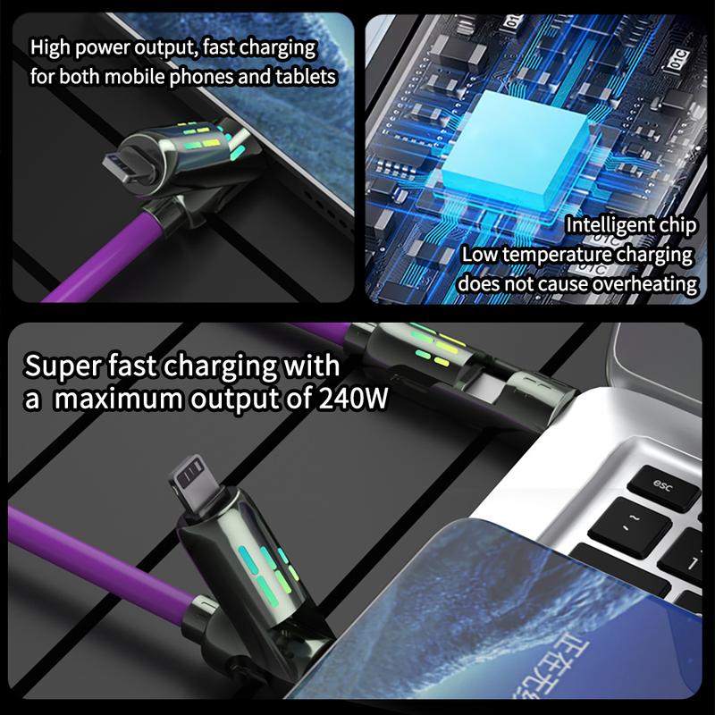 4-in-1 USB Charging Cable,fastcharging cable MAX 240W USB A+TYPE C+Lightning Multi national aluminum alloy cable management 240W suitable for iPhone 15 14,Android Phones&Tablets iPad Pro Smartphone Cellphone Mobile USB-C multifunction Silicone Charger