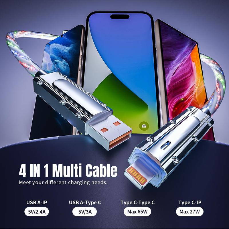 4 IN 1 Phone Charging Cable,Travel USB-C LED Light Cable for Multi-Functional Devices , Colorful data transfer Cable for Cellphone charger cord