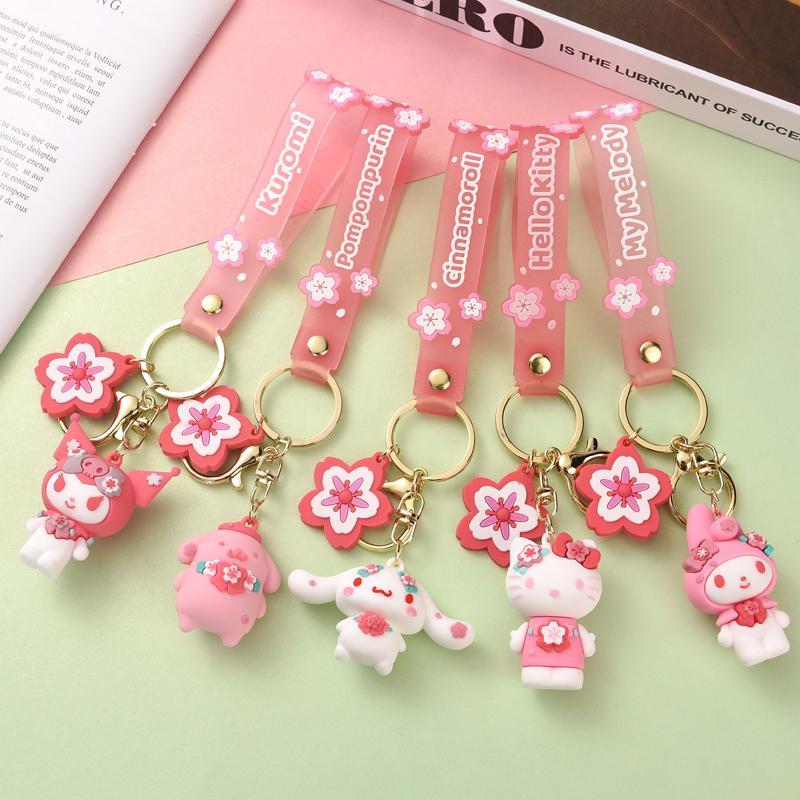 SANRIO Cute Cartoon Cat Dog Design Phone Chain, Cherry Blossom Series Keychain for Women & Girls, Fashion Phone Decorative Accessories for Daily Use