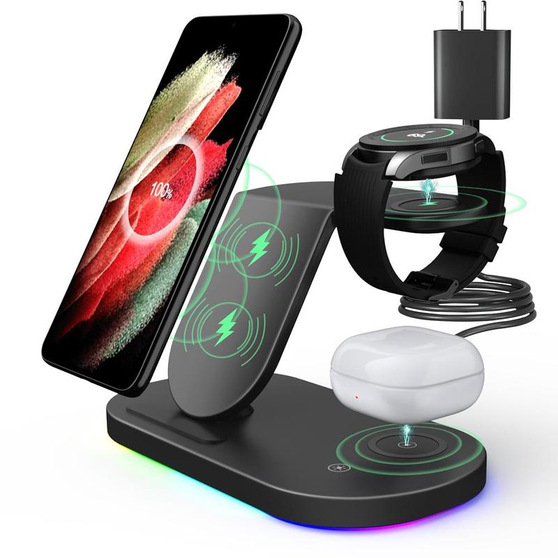 3-in-1 Wireless Charger Stand, 15W Fast Charging Charger with RGB LED Lamp, Foldable Desktop Charger for Samsung Galaxy Watch Buds Headphone