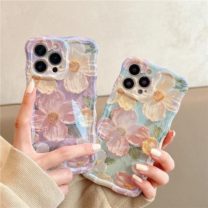 Colorful Retro Oil Painting case with Flower Pattern Cute Curly Wave Frame Phone Case for iPhone 16 Series Plus 11 12 13 14 15 Pro Max Protection