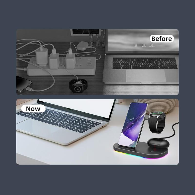 3-in-1 Wireless Charger Stand, 15W Fast Charging Charger with RGB LED Lamp, Foldable Desktop Charger for Samsung Galaxy Watch Buds Headphone