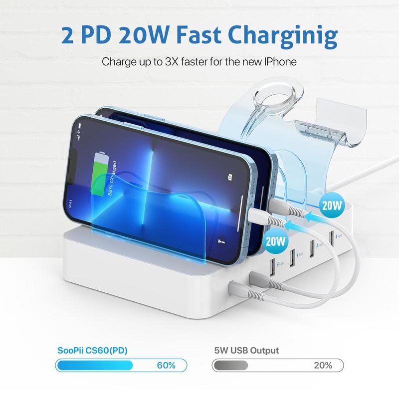 Multifunctional 6 In 1 Desktop Charging Station for Multiple Devices, 1 Box 2 PD 20W Fast Charging Charger, Including 6pcs USB Charging Cables, Mobile Phone Accessories for iPhone 15 14 iWatch AirPods