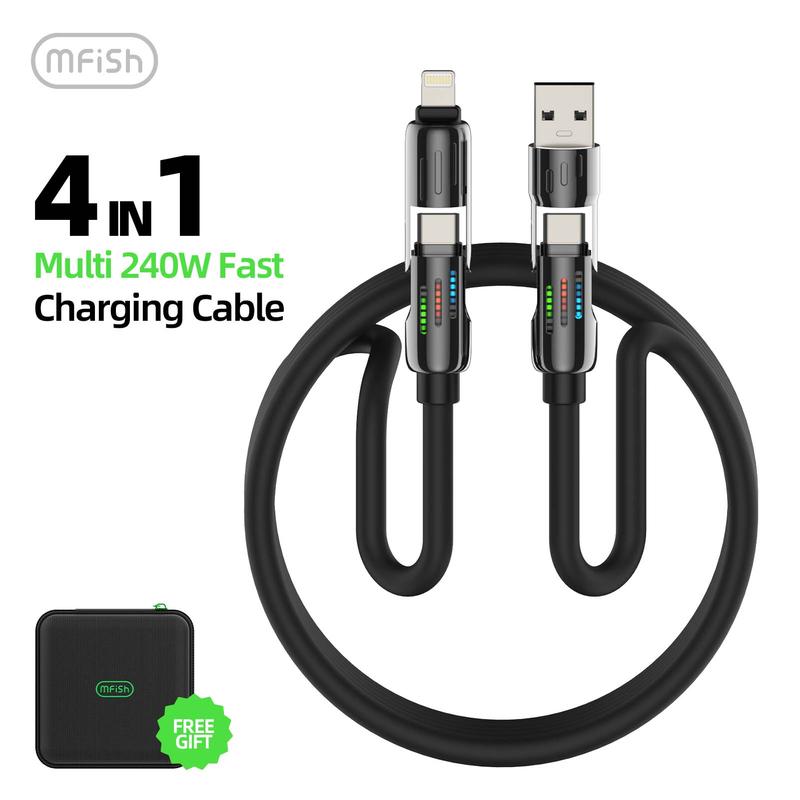 MFish Armored Dragon II Universal 4-in-1 Multi USB Charging Cable with USB A,Type C,Lightning-MAX 240W Fast Charging&Data Sync for iPhone 16 15,iPad Pro