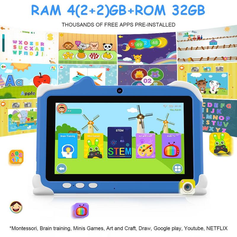 7 Inch Android 12 Tablet, 1 Box 4GB RAM 32GB ROM Tablet with Protective Case, Parental Control Tablet with FHD Display & 5MP Camera, Ideal Gift Choice