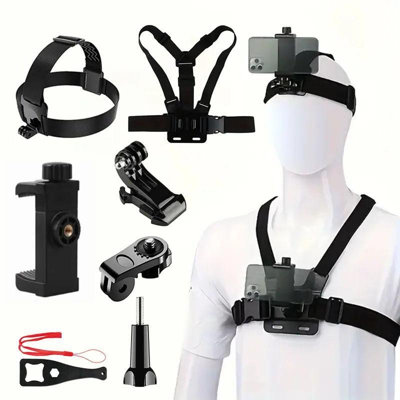 Action Camera Accessory Kit with Adjustable Chest Harness & Mounts, Universal Sports Camera Support Mount for Outdoor Cycling and Off-Road