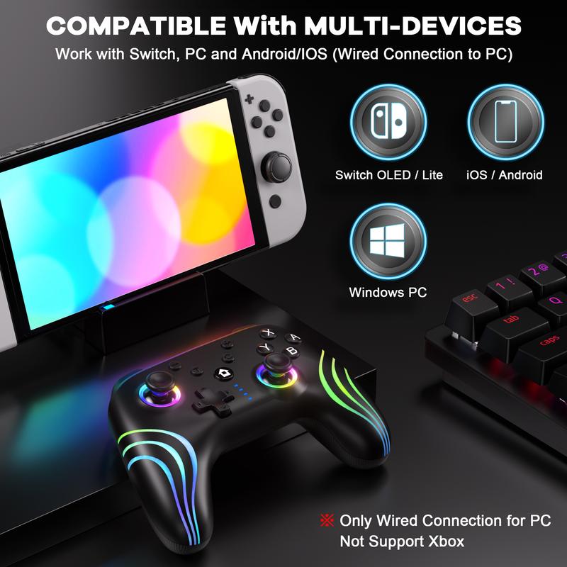 [Compatible PC Controller]Switch Controllers Compatible with Switch Lite OLED, Wireless Switch Pro Controller with Full RGB Line Breathing LED, Programmable, 6-Axis, Adjustable Turbo, 4-Speed Dual Vibration, Wake Up, Screenshot Function