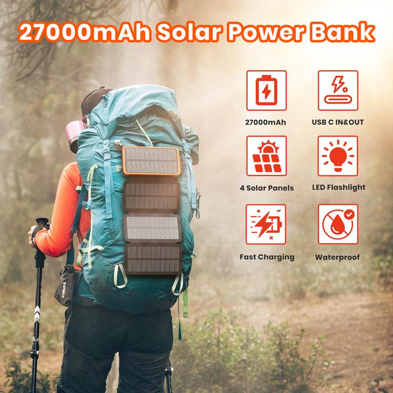 Cyber Monday Sale - Solar Charger 27000mAh Power Bank 22.5W Fast Charging Portable Phone Charger with 4 Solar Panels USB C PD External Battery Pack with 3 USB Outputs for smartphone Tablet