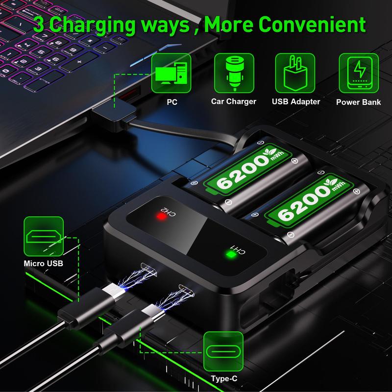 Ukor 6200mWh Rechargeable Battery Pack for Xbox Controller, Fast Charging Charger, Compatible with Xbox One, Xbox One Elite, Xbox One X S, Xbox Series X S, High-Capacity Long Battery Life