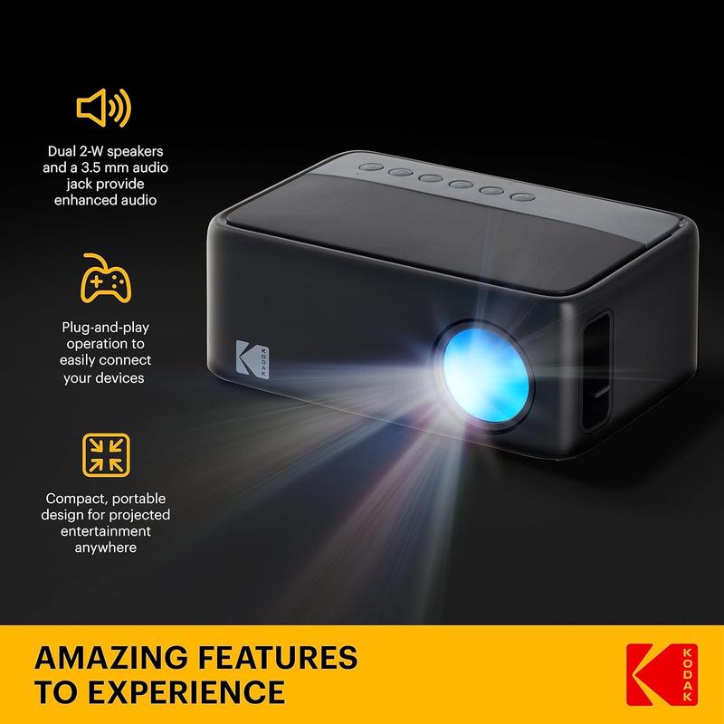 KODAK FLIK X1 100” Mini Projector, Portable Pico Projector with Remote & 2W Speakers, Black