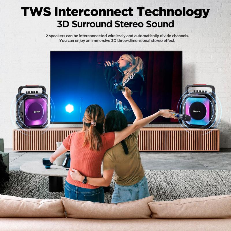 Bietrun Karaoke Machine with 2 Microphones Bluetooth Speaker for Adults Singing Audio Stereo Wireless Connection Portable Smartphone