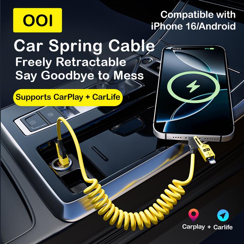 OOI 65W 4-in-1 USB-C Fast Charging and Sync Spring Cable for CarPlay, CarLife, and Mobile Devices