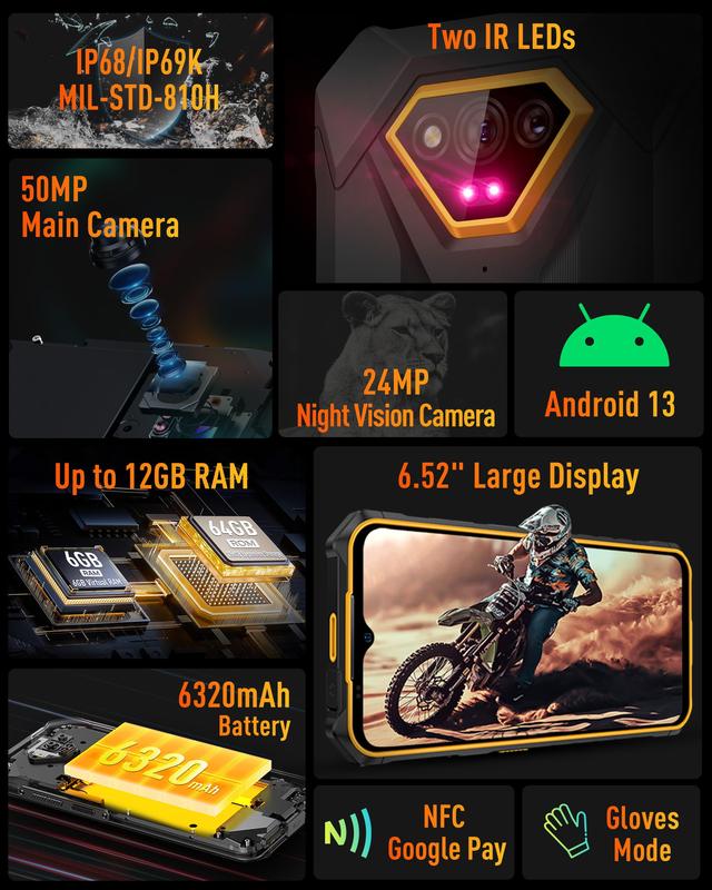 Ulefone Armor X13 Unlocked Rugged Smartphone, 50MP+24MP Night Vision Camera, Octa-core 12GB RAM+ 64GB ROM, 6.52 inch Screen, 6320mAh, Global Dual 4G, NFC OTG GPS IP68 IP69K, Orange Color Mobile Cellphone