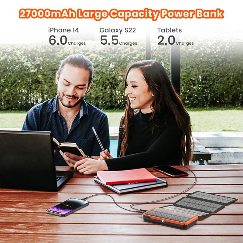 Cyber Monday Sale - Solar Charger 27000mAh Power Bank 22.5W Fast Charging Portable Phone Charger with 4 Solar Panels USB C PD External Battery Pack with 3 USB Outputs for smartphone Tablet