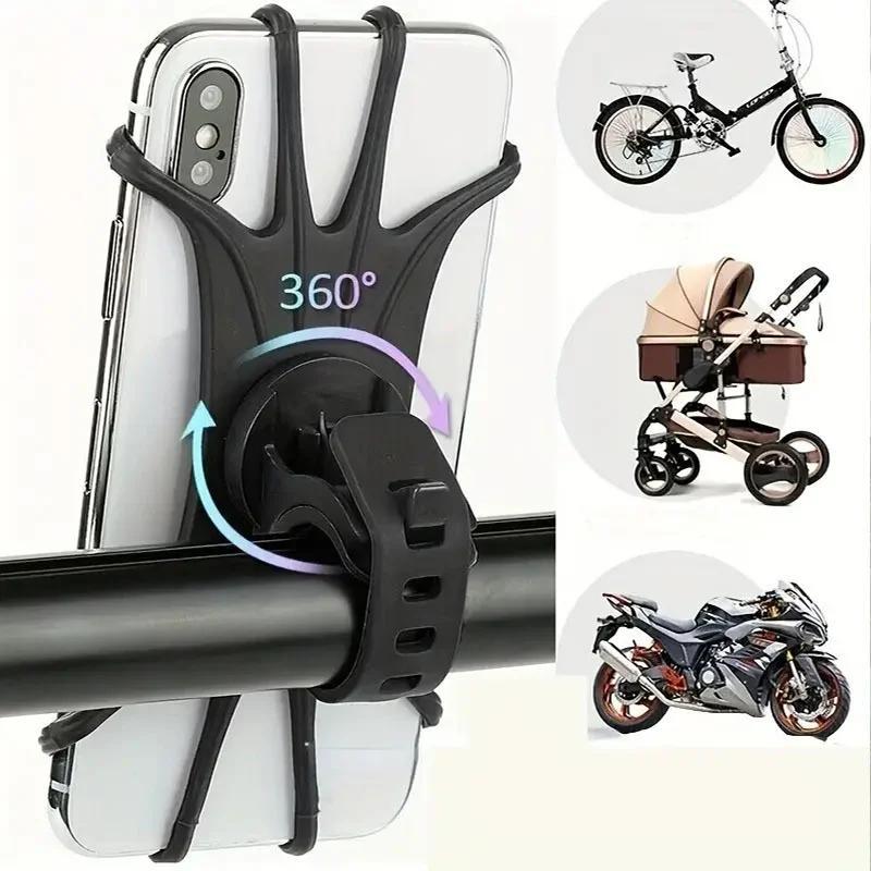 360-Rotatable Phone Bicycle Motorcycle Holder, Bike Safe Bracket, Adjustable Phone Holder, Silicone Pull Type Support for Phone