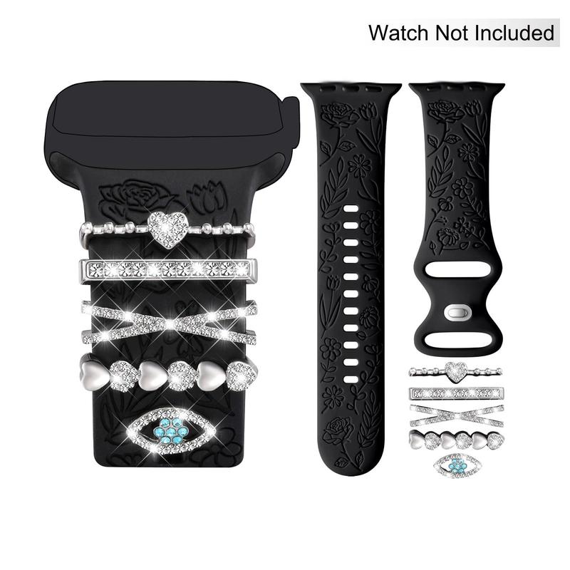 Flower Engraved Band Compatible with iWatch (Band Only), Soft Silicone Sport Band With Decorative Watch Charms for iWatch Series 9 8 7 6 5 4 3 2 1 SE, Smart Watch Accessories (1 Count)