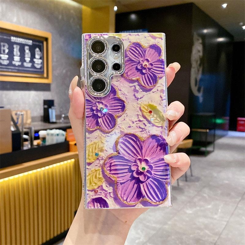 Advanced Art Oil Painting Flower Phone Case, Wave Edge Safe Phone Case for Samsung S22 S23 S24 Ultra