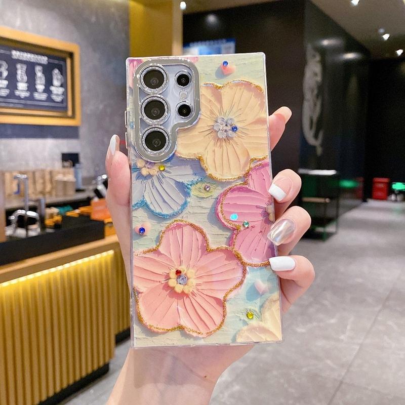 Advanced Art Oil Painting Flower Phone Case, Wave Edge Safe Phone Case for Samsung S22 S23 S24 Ultra