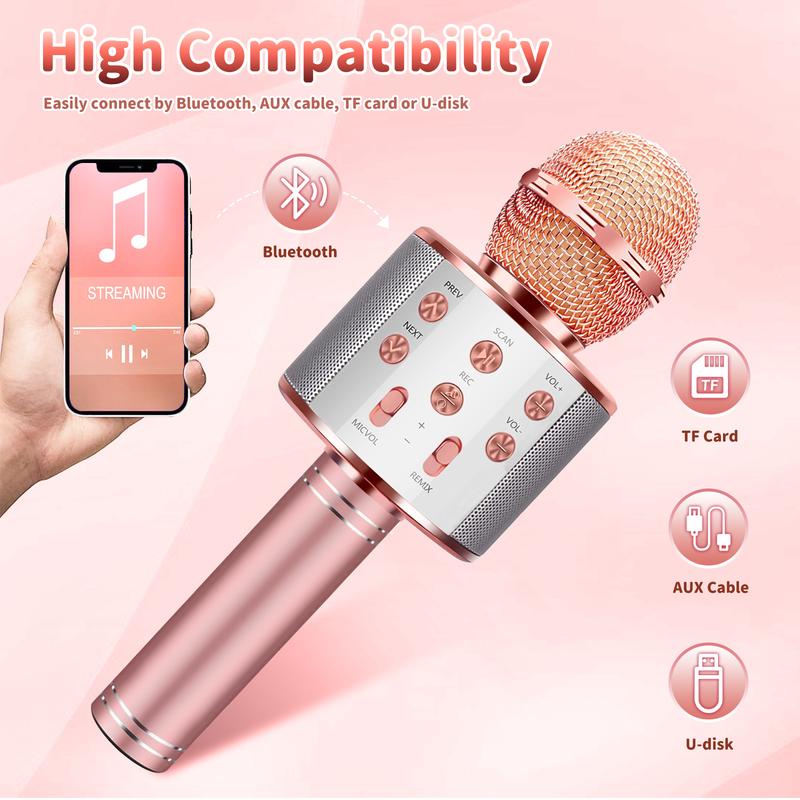 4-in-1 Portable Bluetooth Karaoke Microphone, Speakers, Singing Toy for Kids & Adults, Family Party, Birthday Gift, Rose Gold Audio