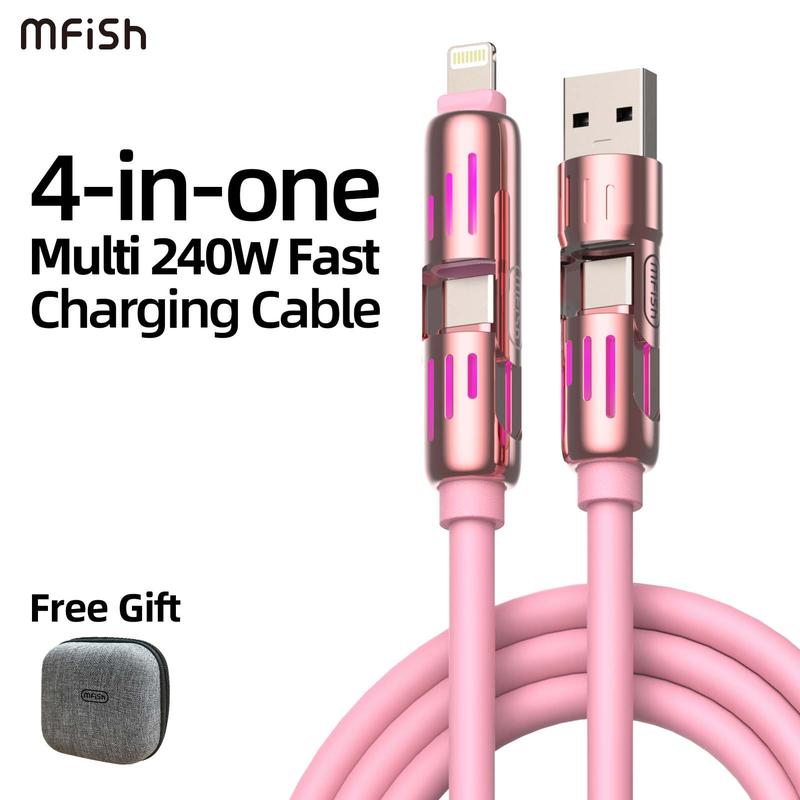 MFish 4-in-1 Multi USB Charging Cable with USB A,Type C, Lightning -MAX 240W Fast Charging & Data Sync for iPhone 16 15, iPad Pro, Samsung & Laptops