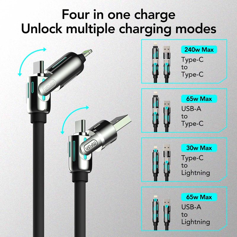 MFish 4-in-1 Multi USB Charging Cable with USB A,Type C, Lightning -MAX 240W Fast Charging & Data Sync for iPhone 16 15, iPad Pro, Samsung & Laptops