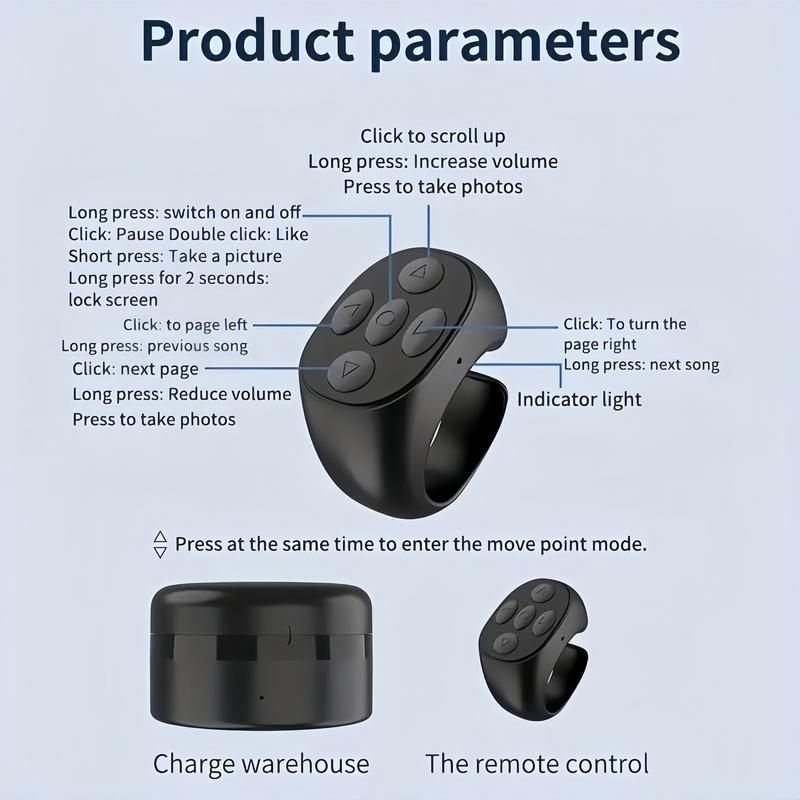 Fingertip Wireless Bluetooth Remote Control Ring, 2025 New Remote Control Page Turner Bluetooth Scroller Ring, Short Video and Music Camera Shutter Remote Controller Scrolling Ring (black)