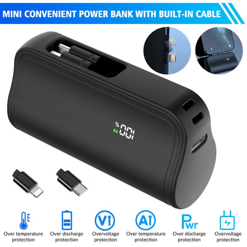 Mini Power Bank with Built-in Foldable Lightning Type-c Connector, 5,000mAh Portable Charger, for iPhone 15 15 Plus 15 Pro 15 Pro Max, Samsung S22 23 Series, Huawei, iPad Pro Air, AirPods, and More