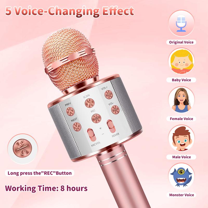 4-in-1 Portable Bluetooth Karaoke Microphone, Speakers, Singing Toy for Kids & Adults, Family Party, Birthday Gift, Rose Gold Audio