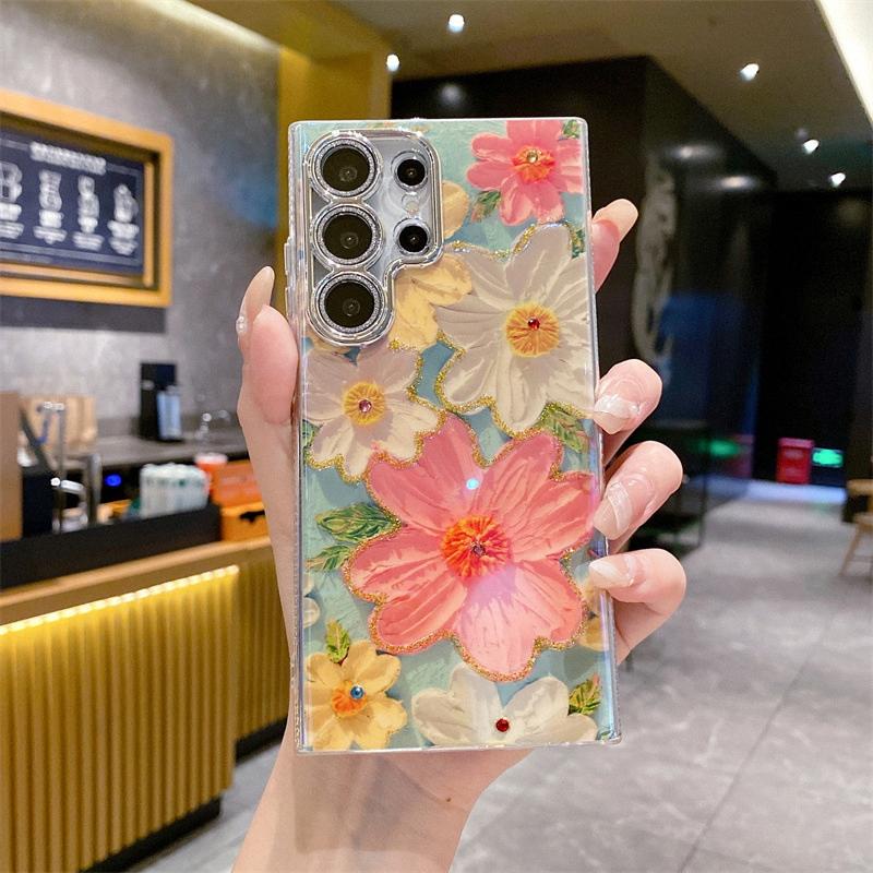 Advanced Art Oil Painting Flower Phone Case, Wave Edge Safe Phone Case for Samsung S22 S23 S24 Ultra