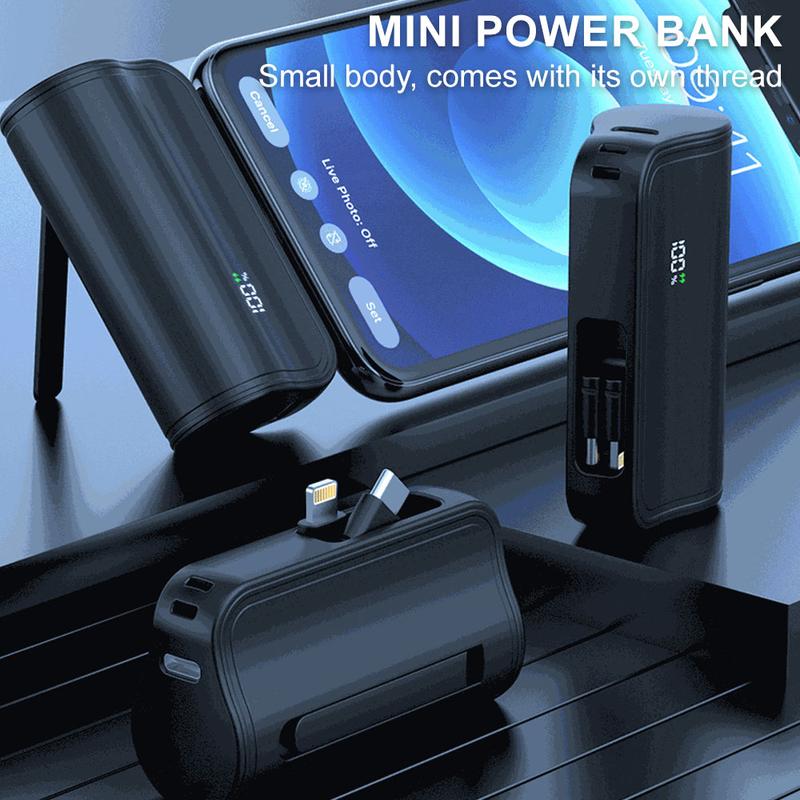 Mini Power Bank with Built-in Foldable Lightning Type-c Connector, 5,000mAh Portable Charger, for iPhone 15 15 Plus 15 Pro 15 Pro Max, Samsung S22 23 Series, Huawei, iPad Pro Air, AirPods, and More