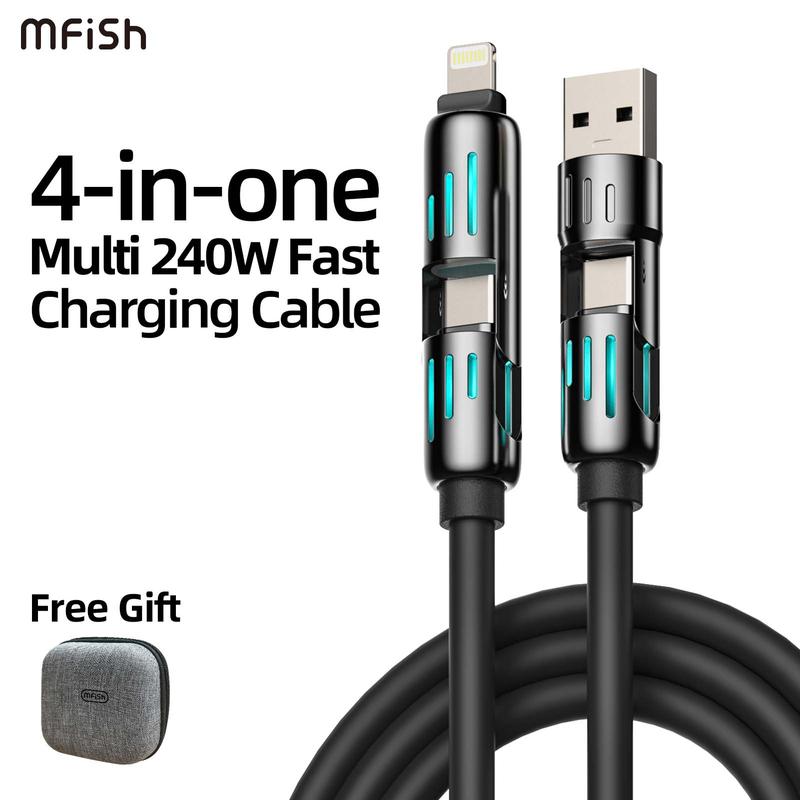 MFish 4-in-1 Multi USB Charging Cable with USB A,Type C, Lightning -MAX 240W Fast Charging & Data Sync for iPhone 16 15, iPad Pro, Samsung & Laptops