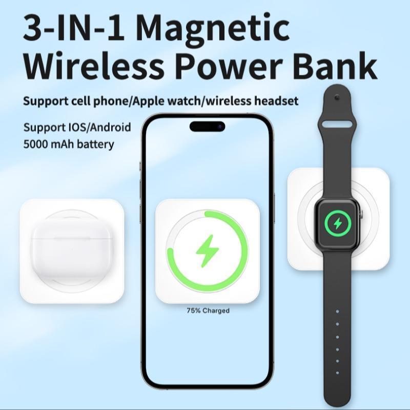 3 in 1 Magnetic Mini Wireless Power Bank, 1 Count 5000mAh Portable Charger for Mobile Phone, Multifunctional Wireless Charging Chargers for iPhone & Android Smartphone, Cellphone Charging Accessories