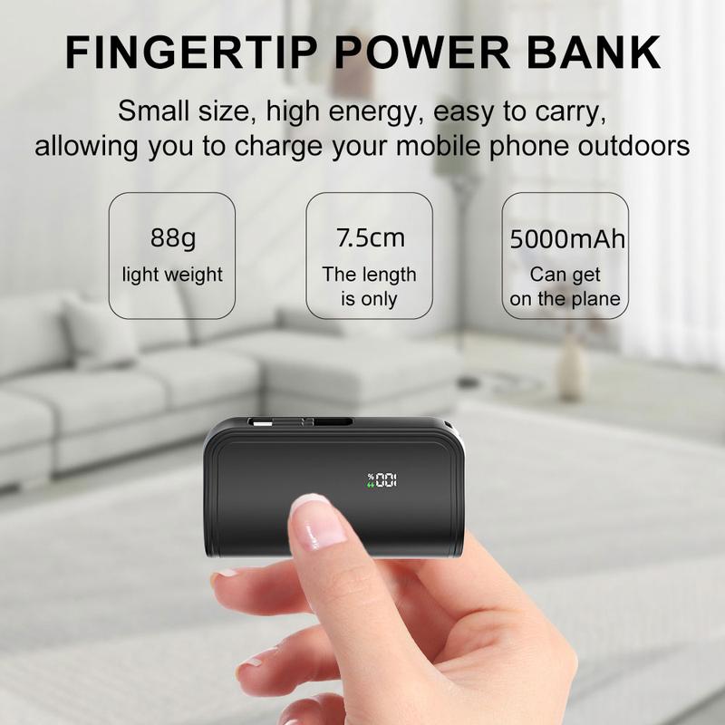 Mini Power Bank with Built-in Foldable Lightning Type-c Connector, 5,000mAh Portable Charger, for iPhone 15 15 Plus 15 Pro 15 Pro Max, Samsung S22 23 Series, Huawei, iPad Pro Air, AirPods, and More