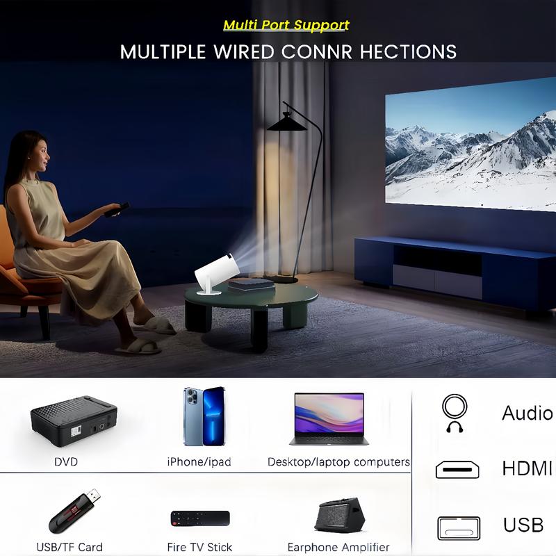 Remote Portable Audio Projector, 4K HD Projector 180° Rotatable WIFI6 Bluetooth 5.0, Multifunctional Projector for Home Theater, Outdoor, Presentations, Home & Outdoor Use Campatible,Christmas and New Year Gifts Android Connection